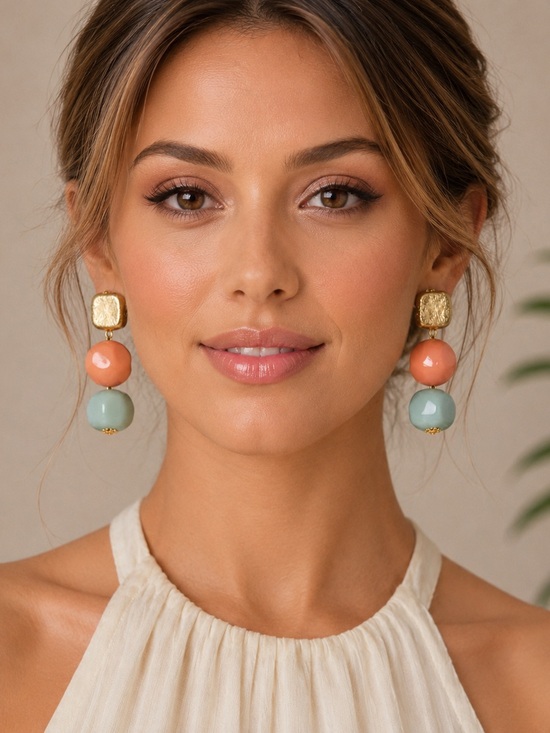 Jewelry - Peach, Gold, & Mint Color Block Drop Earrings